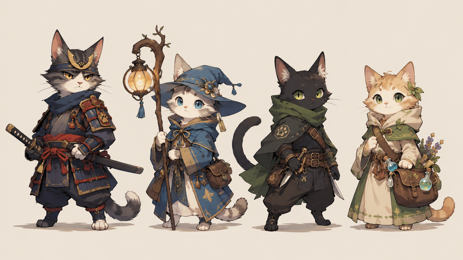 Character illustrations of four cat heroes: a samurai, a blue-robed mage, a hooded rogue and a herbalist.