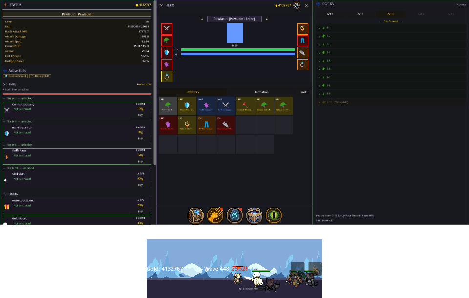 The full interface: a status sheet on the left, hero panel with inventory in the middle, world map on the right, and the battle strip below.
