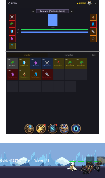 The hero panel showing equipment slots, health and experience bars and an inventory grid.