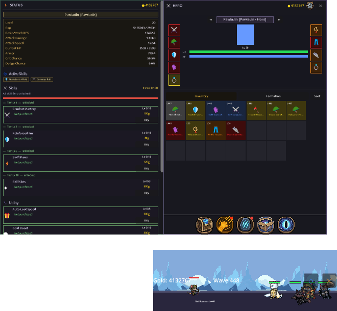The skills and status panel listing stats and level-gated upgrades.