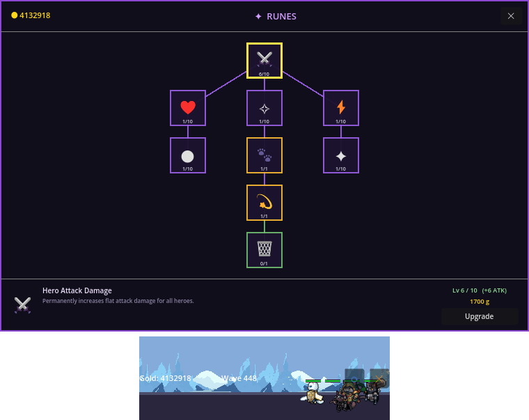 The rune tree, a node graph of unlockable permanent upgrades.