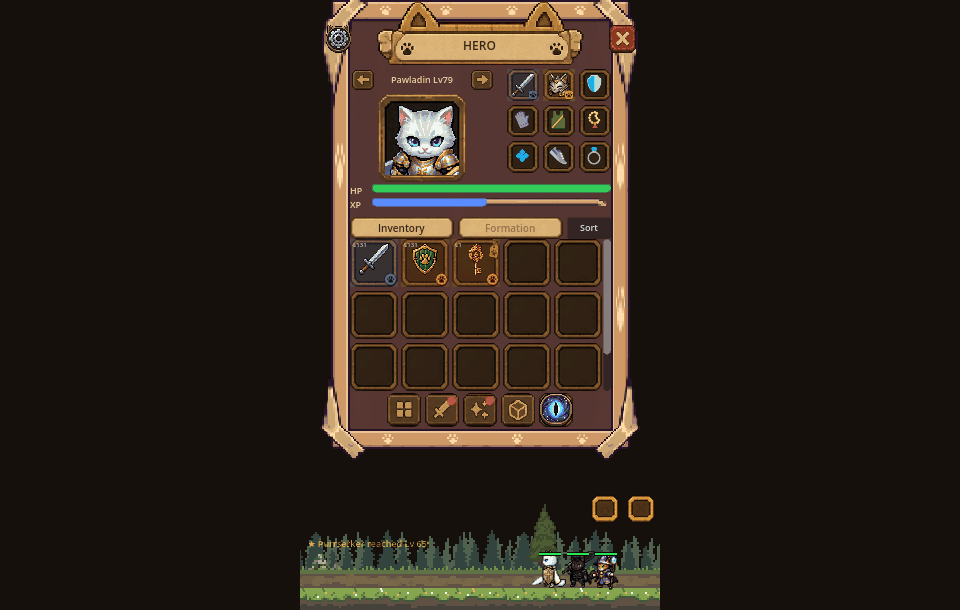 A tour of the interface: the stash, world map and synthesis box opening in turn, the formation tab, and a cat cycling through its skins.